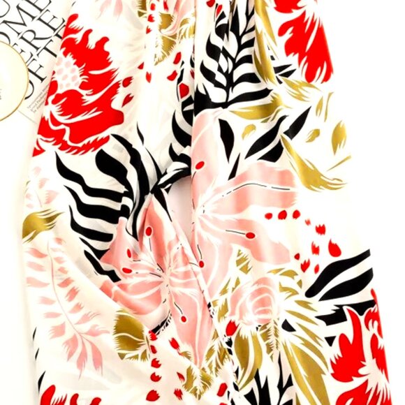 WHITE BACKGROUND WITH RED & PINK FLOWER & DARK GREEN LEAVE O/S SILKY LOUNGE PANT - Picture 1 of 3
